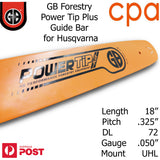 18" GB Chainsaw Bar Power Tip+ BAR ONLY suit- .325" DL72 .050" for Husqvarna