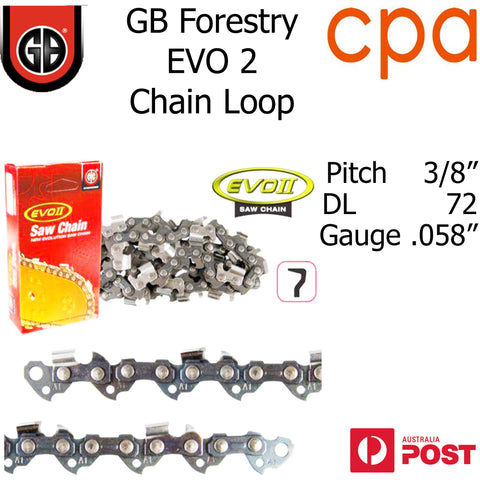 GB EVO2 Chainsaw Chain Loop, 3/8" (.058") 72DL - Semi Chisel